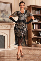 Green V-Neck Batwing Sleeve Fringe 1920s Gatsby Dress